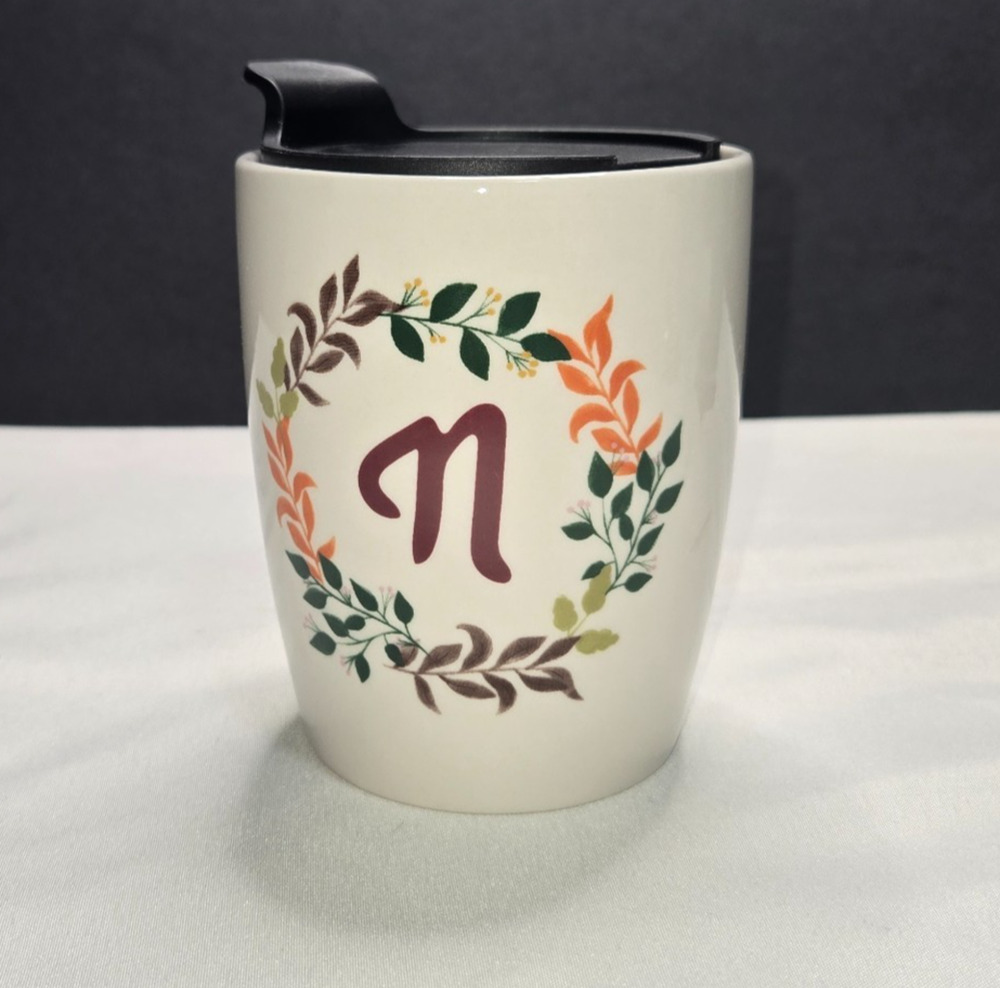 Holiday Home Autumn Blush Monogram N Ceramic Travel Mug Floral Fall w/ Lid